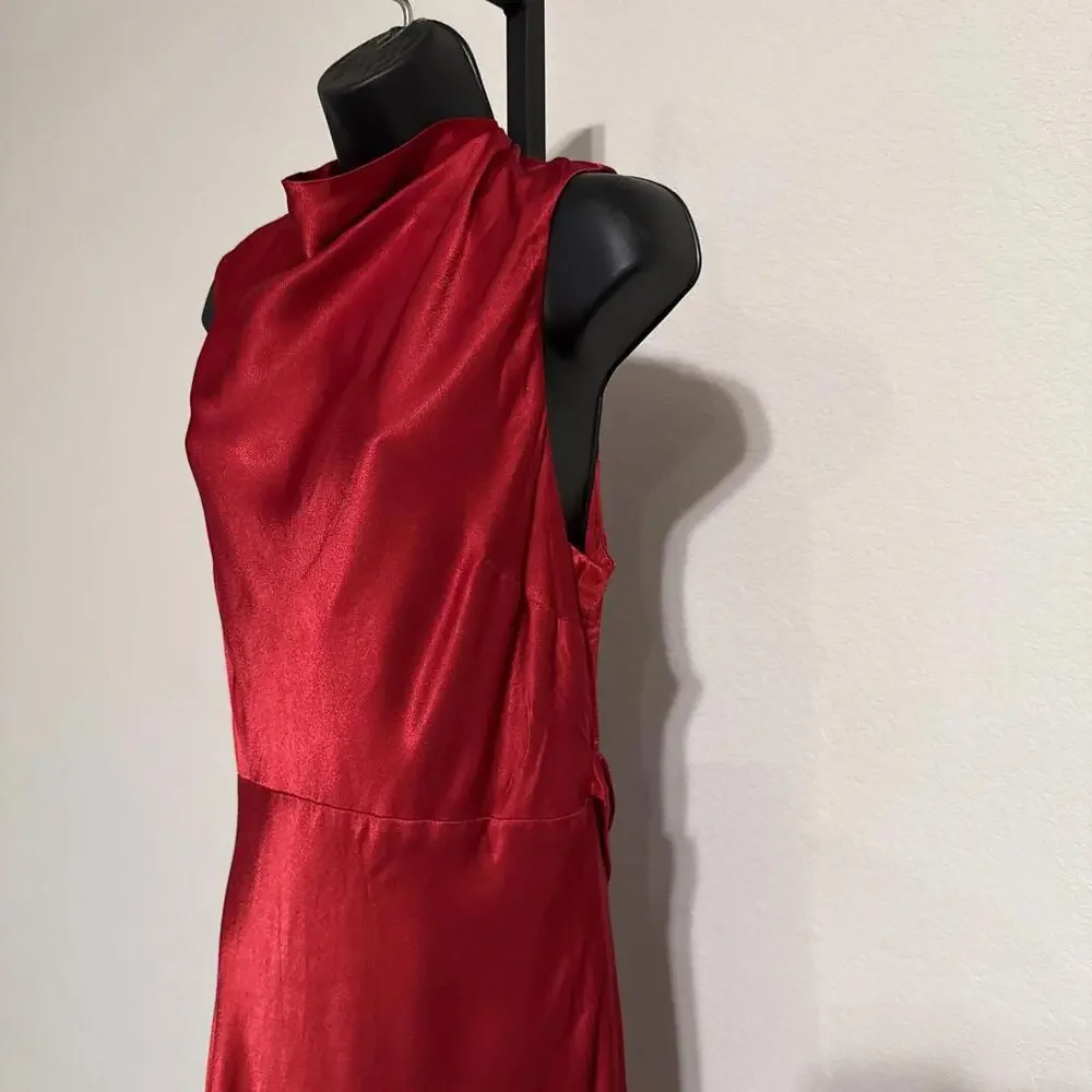 $340 Shona Joy High Neck Red Satin Tatum Cowl Drape Open Back Maxi Dress- US 12 - Picture 4 of 12